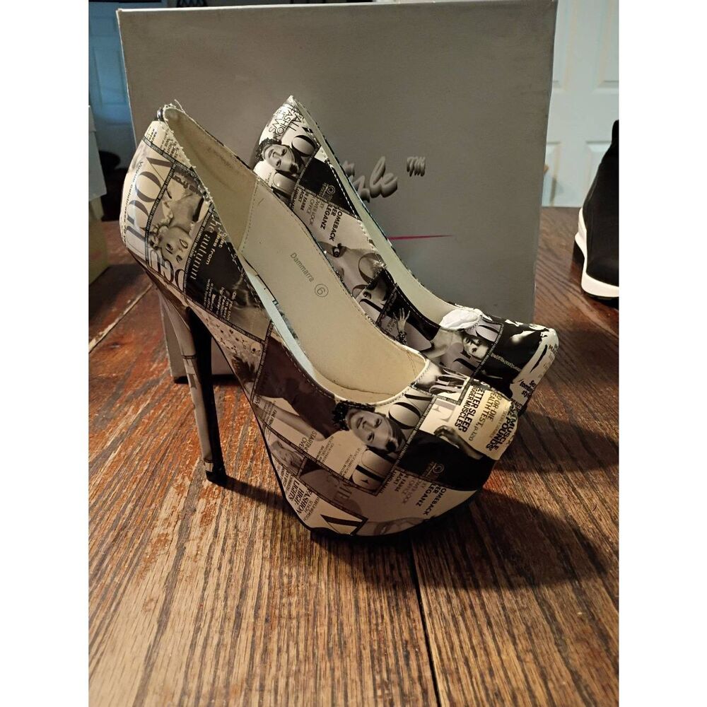 New Sz 6 Black Cream Newspaper Magazine Platform Stilettos High Heel Pump Shoes